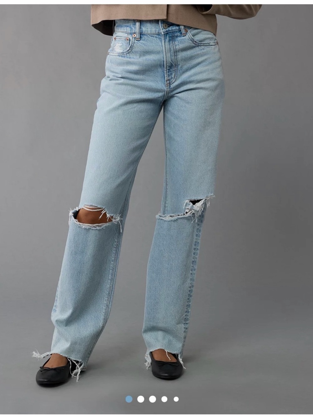 American Eagle Light Blue Ripped Super High-Rise Baggy Straight Jeans Short 00